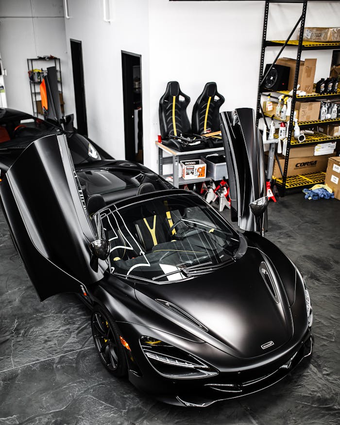 High-angle view of a sleek black sports car with open doors in a modern indoor garage setting.